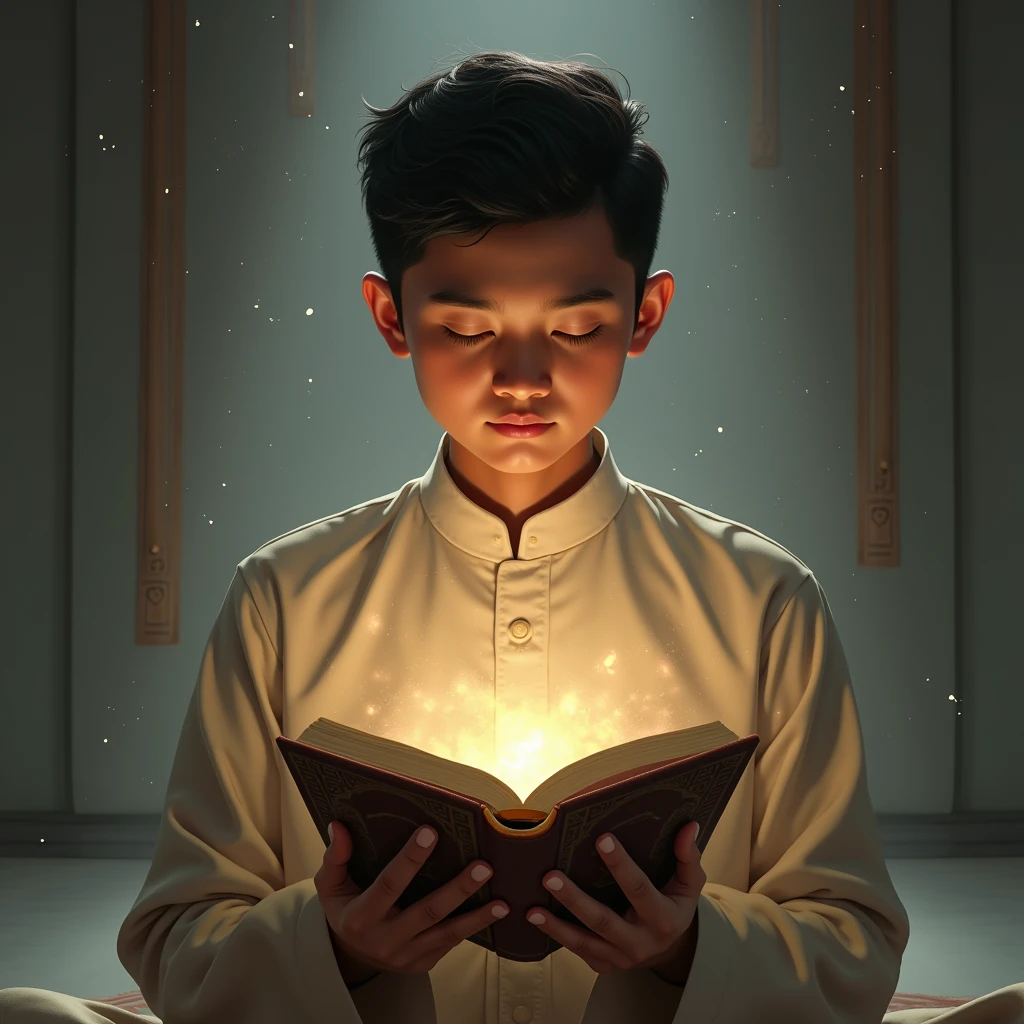 young Indonesian man holding the Qur&#39;an with divine light surrounding it with Hasan Basri writing