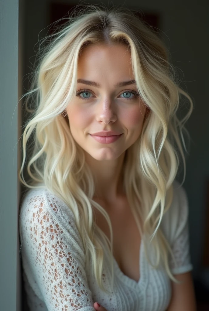 21 year old blonde, très classe, en tenue pour aller au bureau, blue eyes, Flirt with the camera, blond hair, white dreadlocks hair, textured skin, Great detail, high details, high quality, prime, best quality, high resolution, 8k