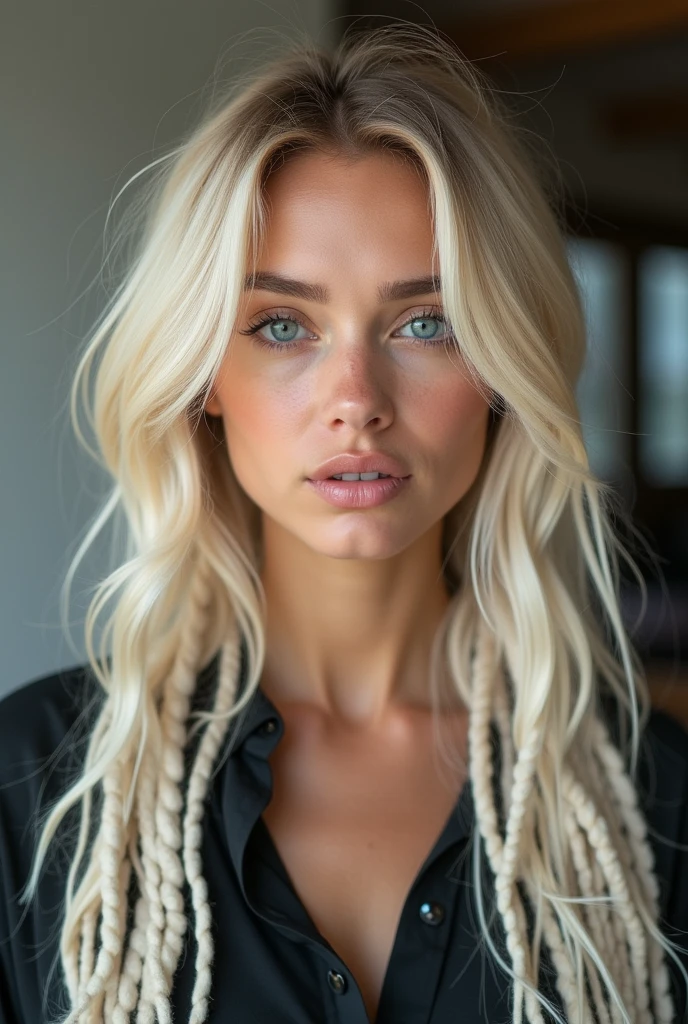 21 year old blonde, très classe, en tenue pour aller au bureau, blue eyes, Flirt with the camera, blond hair, white dreadlocks hair, textured skin, Great detail, high details, high quality, prime, best quality, high resolution, 8k