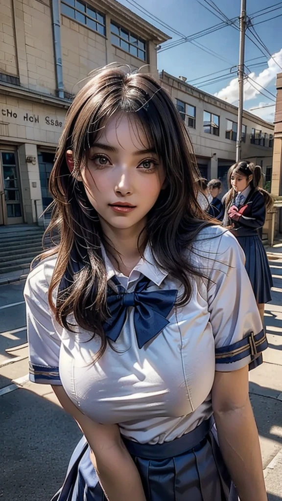 ((Beautiful Face:1.4)), Half Body,(Surreal), (8k), (Very detailed), (Best illustrations), (Beautiful attention to detail), (Highest quality), (Very detailed), (masterpiece), (wallpaper), (Detailed face), alone, 1 girl,  ((school uniform:1.8)), Looking at the audience, Exquisite detail, Detailed faces, ,((Pure Erotic Face Ace:1.2)),((Natural big breasts:1.2))