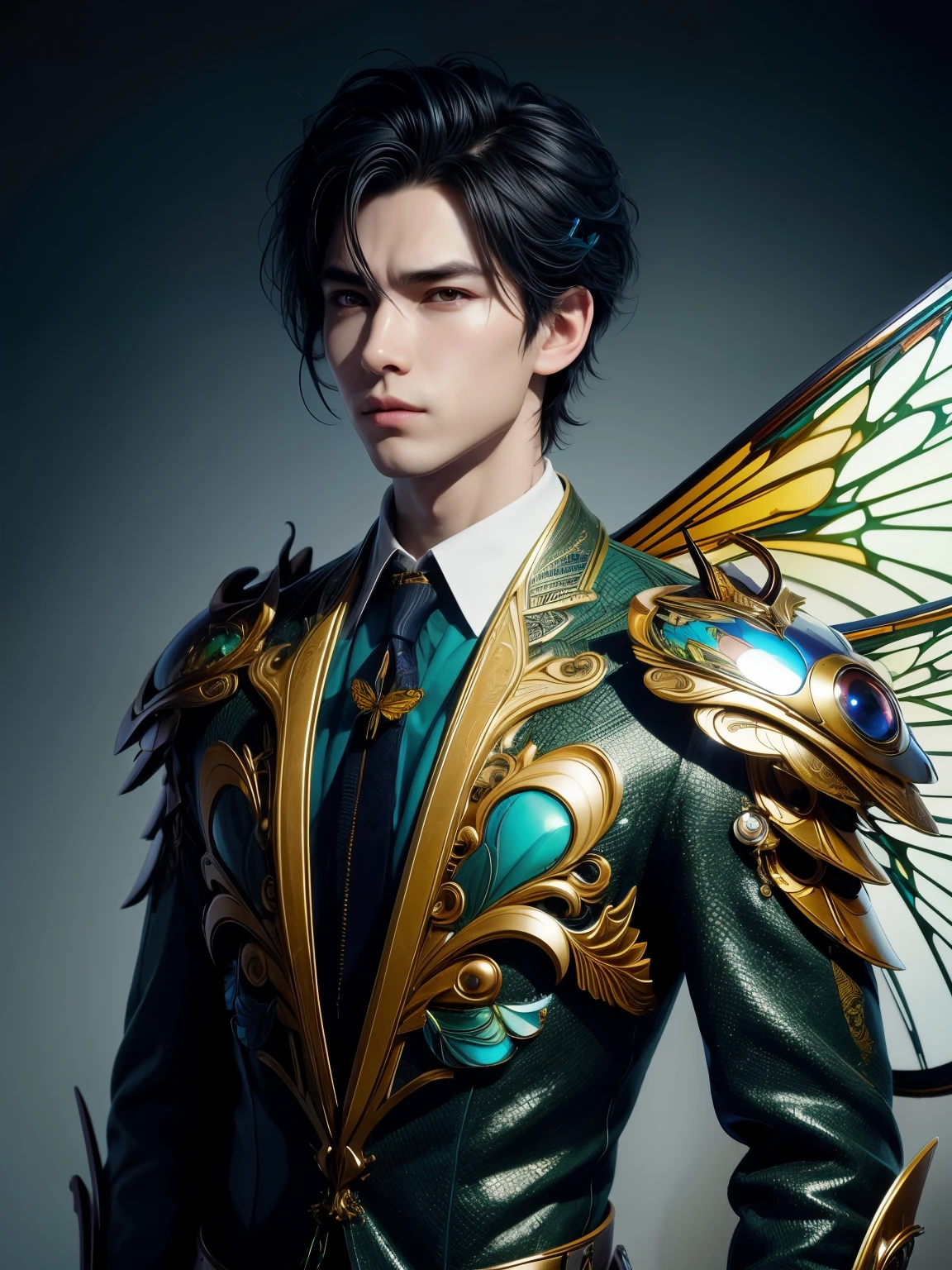 (high quality), (masterpiece), (detailed), 8K, Hyper-realistic illustration of (Japanese boy1.2) with striking (dragonfly-inspired attire1.3) adorning his upper body. (Intricate armor1.2) with iridescent (dragonfly wings1.3) attached to his shoulders, shimmering in (soft, ethereal light1.2). (Vibrant, electric blue1.2) accents on his (sleek, high-collared jacket1.2) complement his (piercing, expressive eyes1.3). Trending on Artstation.