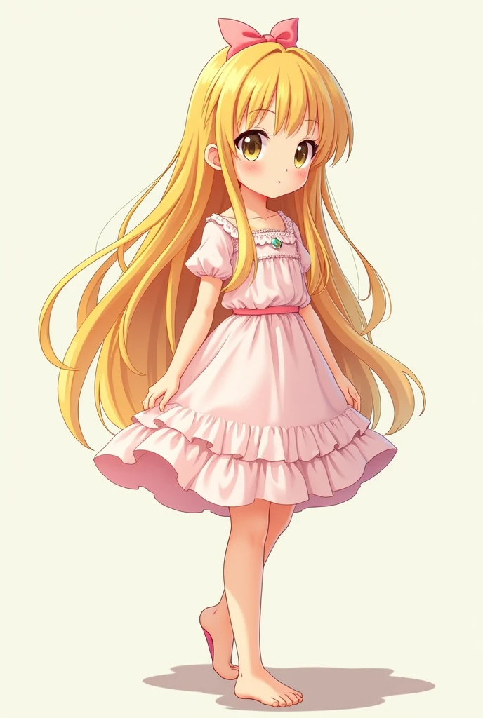 Draw a blonde girl with a 3:1 ratio in an anime style, with her whole body on the screen.
