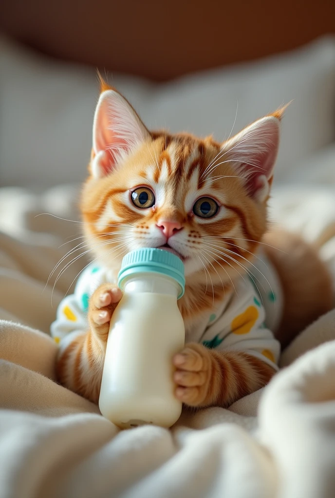 Cat wearing baby clothes lying on bed with milk in mouth looking at you