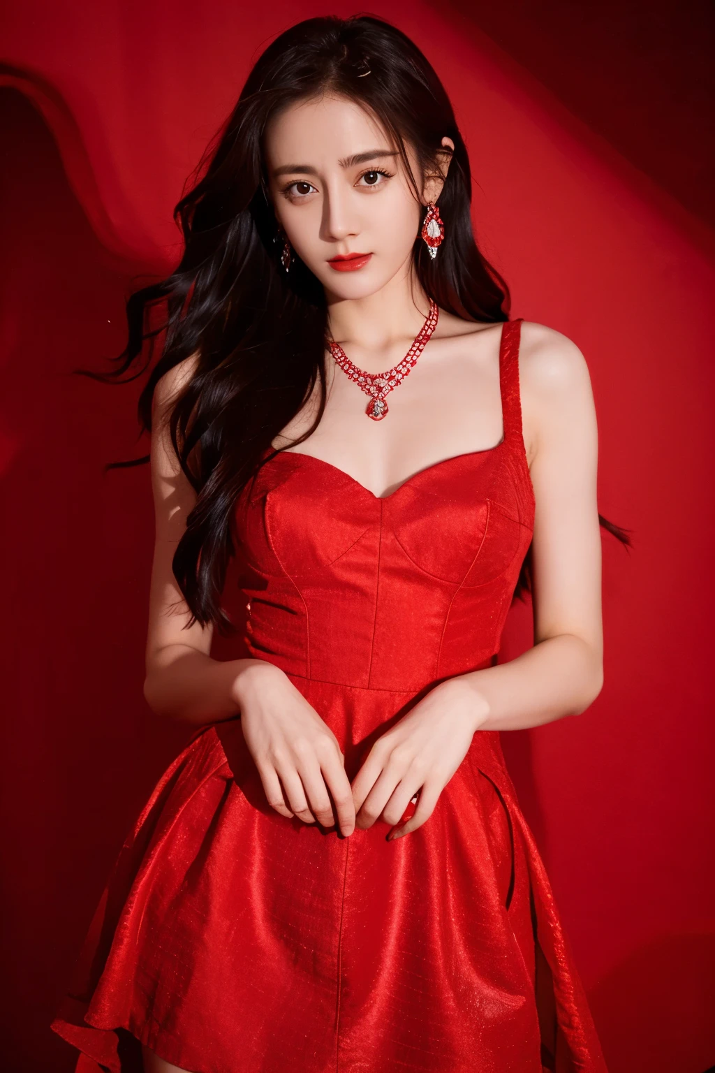 Ultra HD resolution,Artistic Photo,photography,21-year-old girl,earrings,Long hair,Red background,Black backless dress,necklace,Cowboy shooting,H Cup