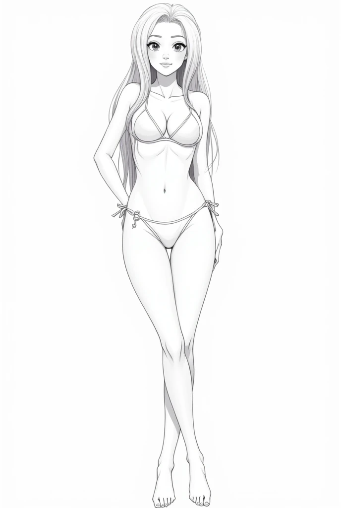 1 girl standing in sexy pose, wearing bikini, white background, line art, monochrome, coloring book style, long straight hair, sharp confident look, barefoot, big eyes, semirealistic