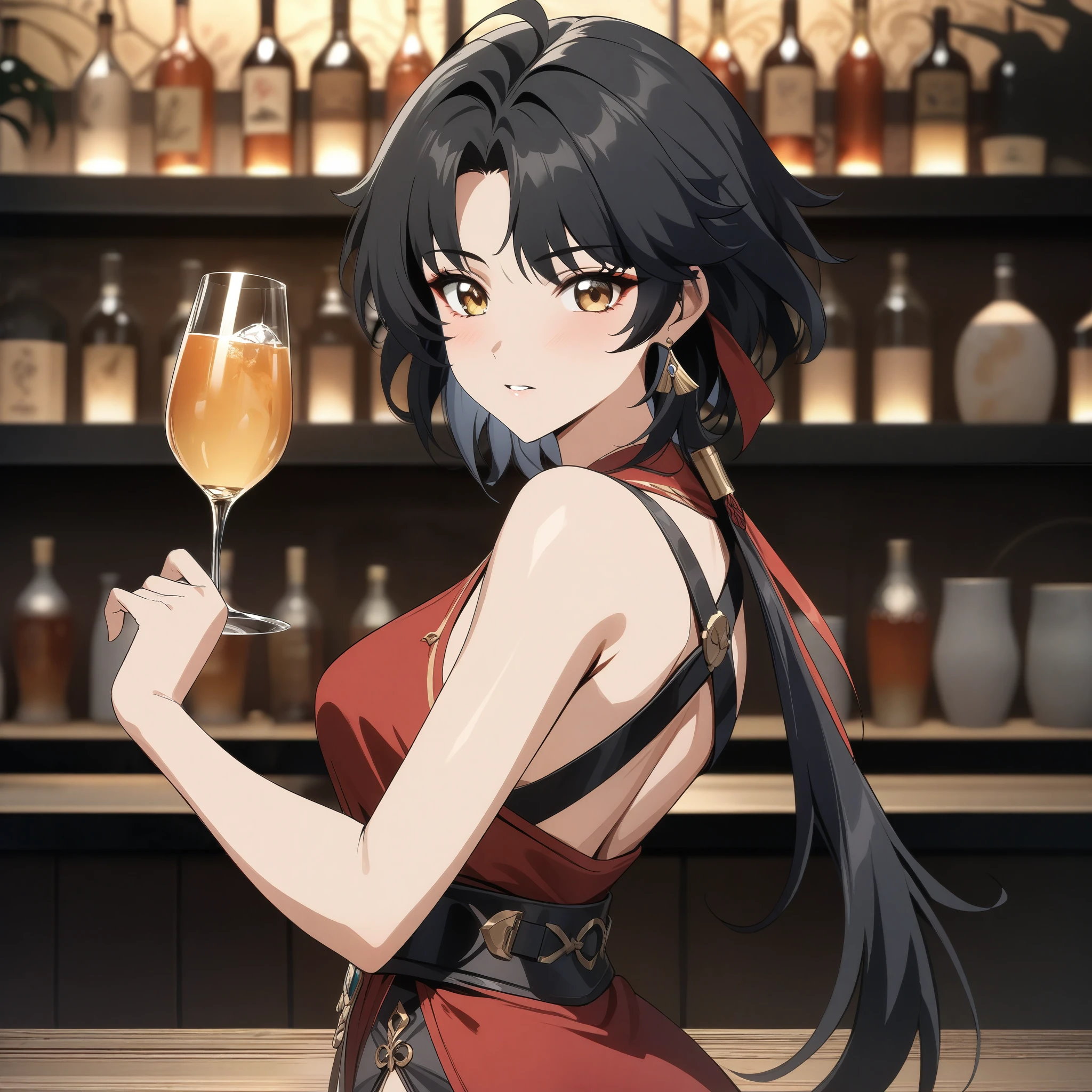 rover from wuthering waves, stylish pose, holding drink glass, anatomically correct 1girl, black hair, golden eyes, beautiful face, red dress, no sleeves, bar background, decorative, masterpiece, high quality, hd, 4k, upper body, genshin artstyle, backk turned, over the shoulder