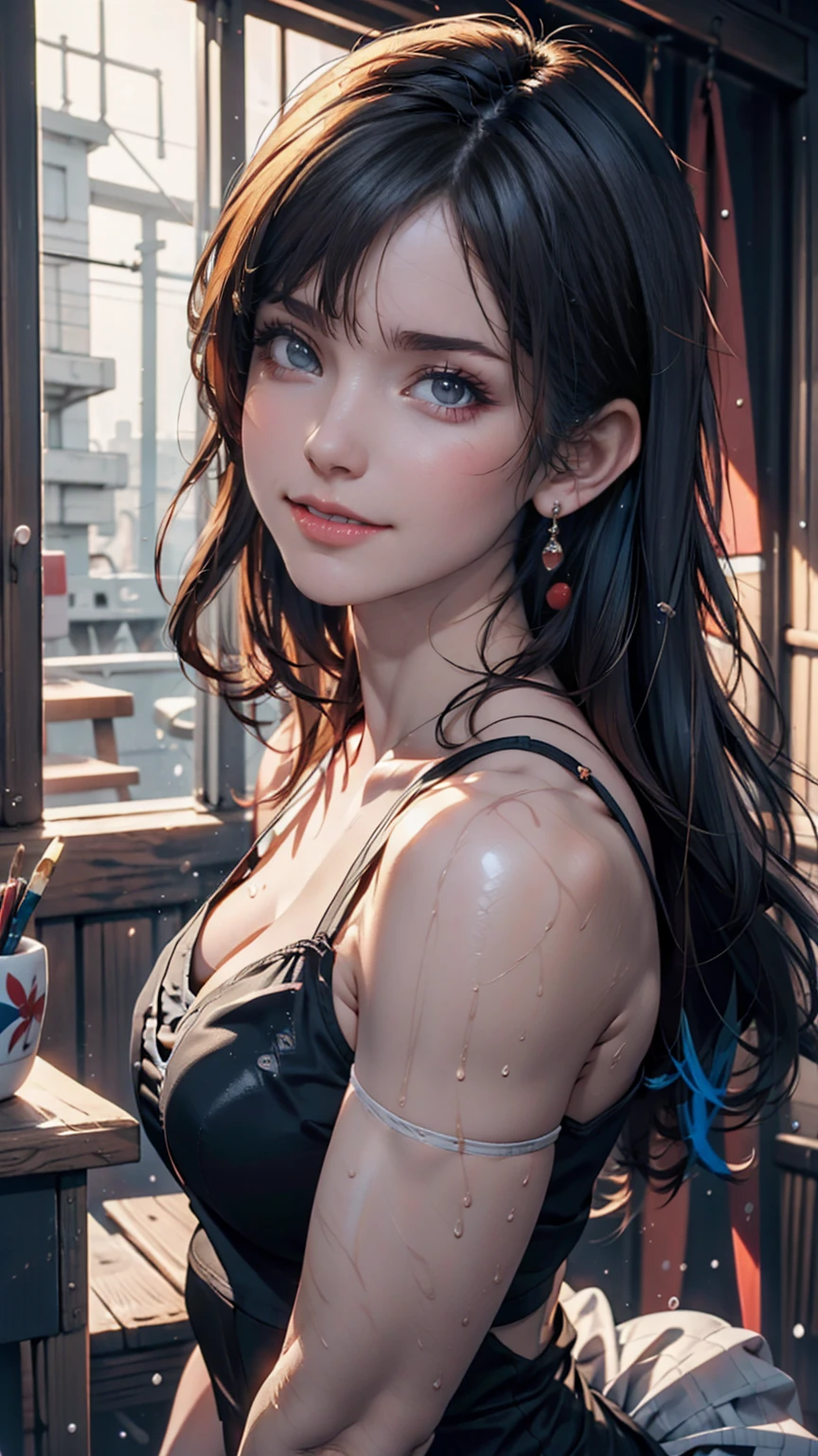 A masterpiece portrait of a smiling Misato Katsuragi (Evangelion), Evangelion (Hideaki), Caustics, High resolution illustrations, black eye, feminine, No students, Blue Hair,  long hair, Black Bodycon, paint Splashs, Shaded flat illustration, Digital Art, Trending on Art Station, Very detailed, The finer details, Complex, Splash, Overtake, Vaporware, Neon color