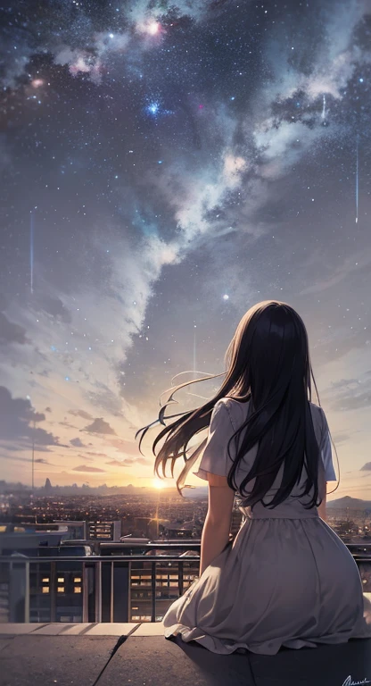 short hair,blue dress,Sky、meteor,stars（Sky）、landscapes、starrysky、natta、teens girl、nigh sky、solo、Plein Air、Signature、architecture、cloud、milkyway、sitting on、The tree、length hair、street、silhuette、A city scape　profile
