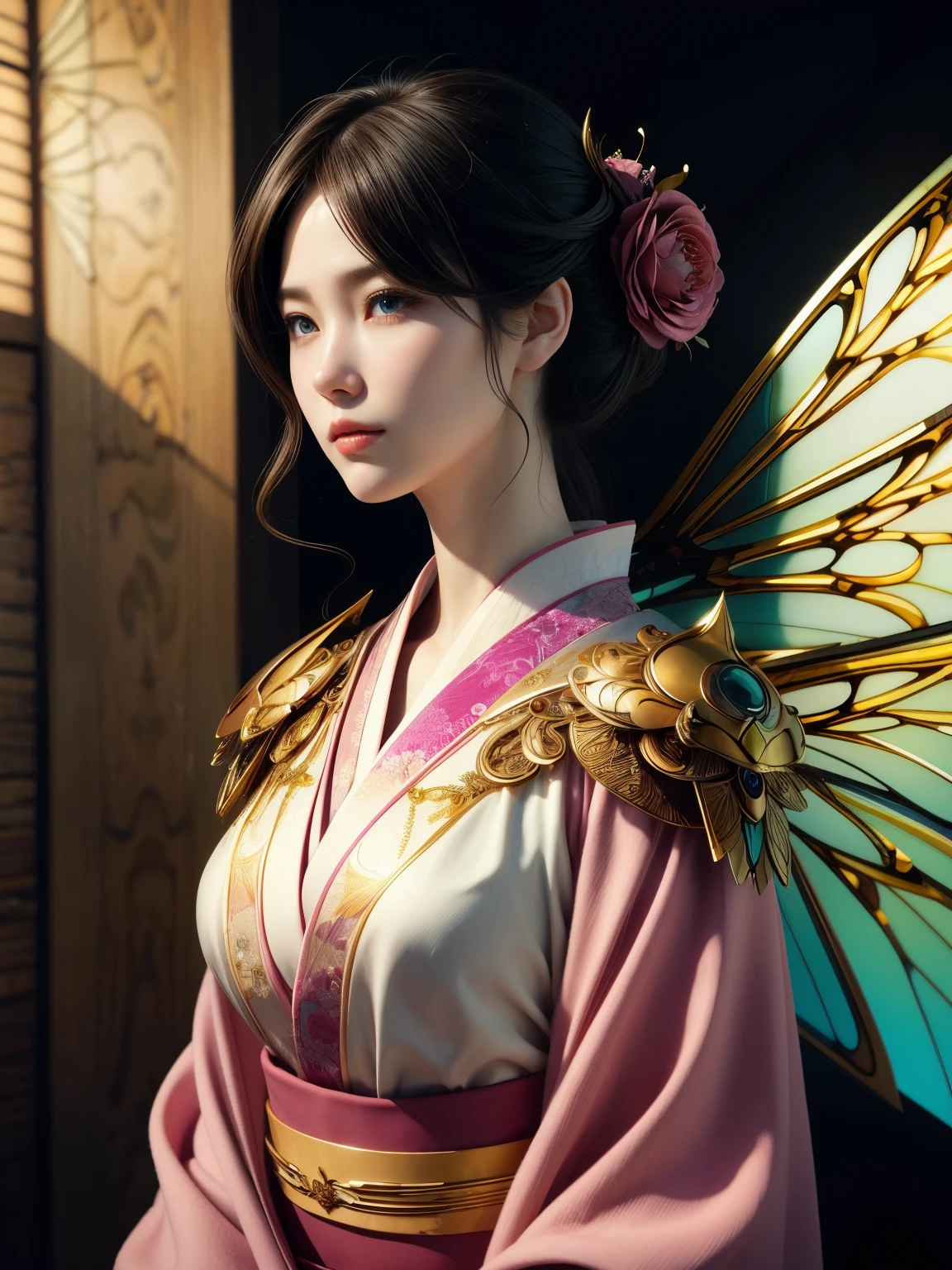 (high quality), (masterpiece), (detailed), 8K, Hyper-realistic illustration of (Japanese girl1.2) with stunning (dragonfly-inspired attire1.3) adorning her upper body. (Delicate, filigree-patterned armor1.2) with (iridescent dragonfly wings1.3) attached to her shoulders, shimmering in (soft, warm light1.2). (Pastel, rose-petal pink1.2) accents on her (elegant, high-collared kimono1.2) complement her (large, expressive eyes1.3). Trending on DeviantArt.