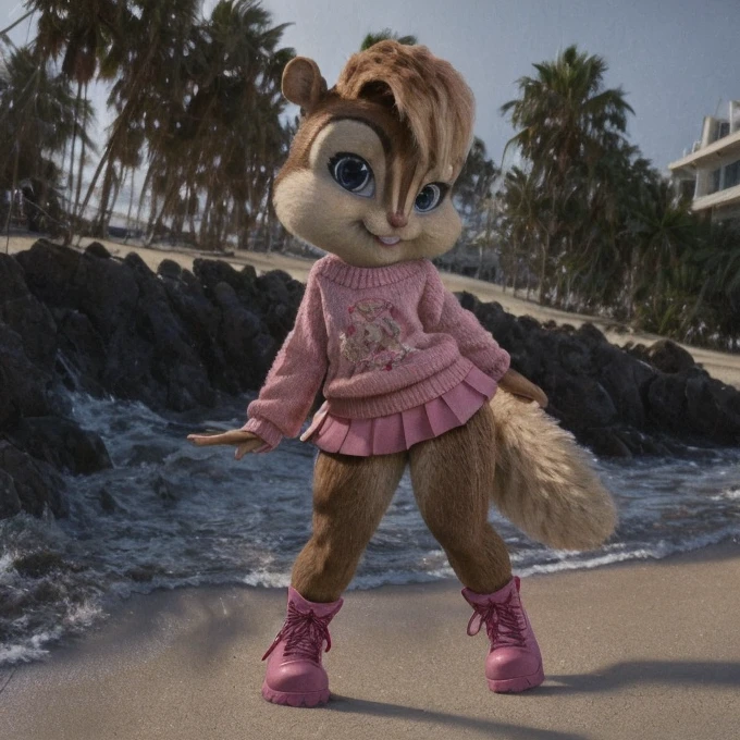 score_9, score_8_up, score_7, score_6, beach, brittany miller, chipmunk, furry, short ears, pink sweater, pink skirt, pink skirt, black leggings, pink boots, looking at viewer, 6 inches tall