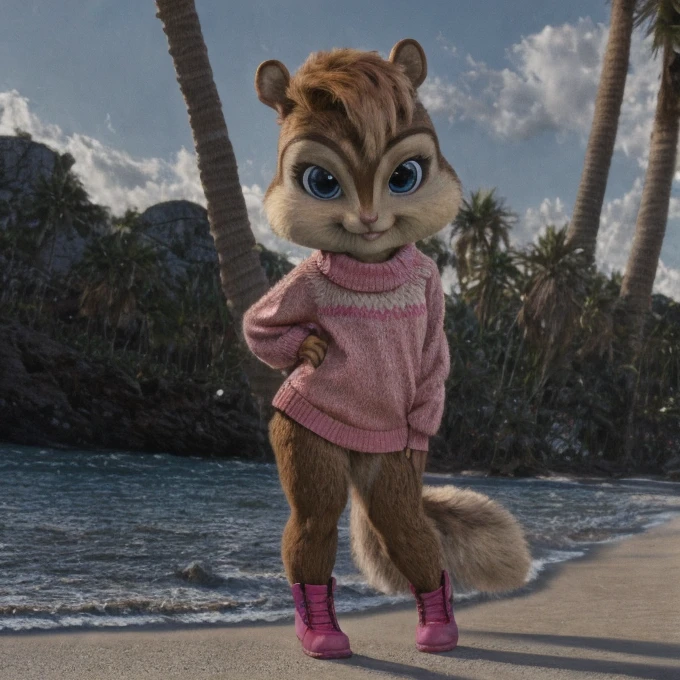 score_9, score_8_up, score_7, score_6, beach, brittany miller, chipmunk, furry, short ears, pink sweater, pink skirt, pink skirt, black leggings, pink boots, looking at viewer, 6 inches tall