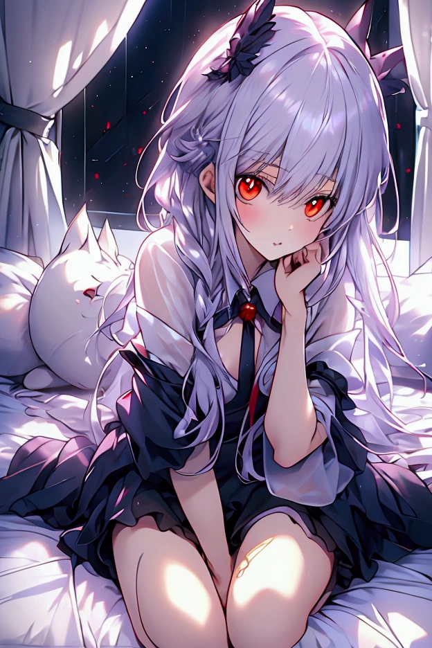 ,anime - style image of a woman lying in bed,Lying in bed,with her legs up, by Shimo, anime wolf girl, Red eyes,From Girls Frontline,, cute anime , On pixiv, On pixivトップ評価, beautiful anime, Zerochan Art, artstation On pixivトレンド,Large bed,Outside the window is a starry sky,night空,night,Beautiful curtains,Large windows,Black lace,