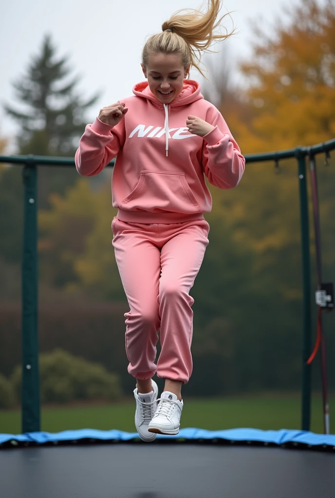 belle blonde sautant dans un trampoline avec un jogging nike large rose