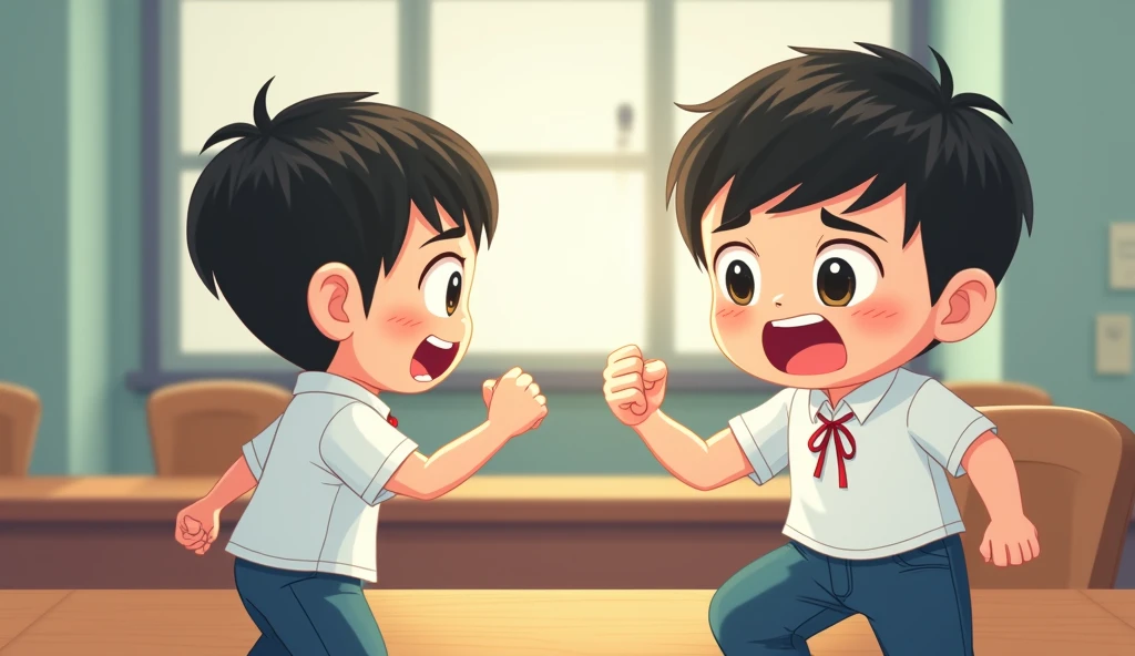 /image prompt: chinese student wear chinese school uniform( white shirt and blue pants,) kid 3 years old boy clenching fist to other classmates(fight other classmate), always angry ,every classmates scared of him ,confrontation, in classroom, have table, no one want to stay near him, Q-version character but draw by hands for teacher ppt emotional tension, empty space around, cartoon style, HD, 16k --ar 3:4 --v 6.0