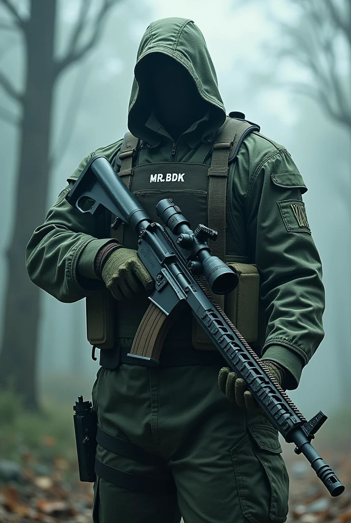 Muscular army man,holding a ghost legendary sniper gun,camping ,ghost mask on his face,with the name Mr-BDK on his batch