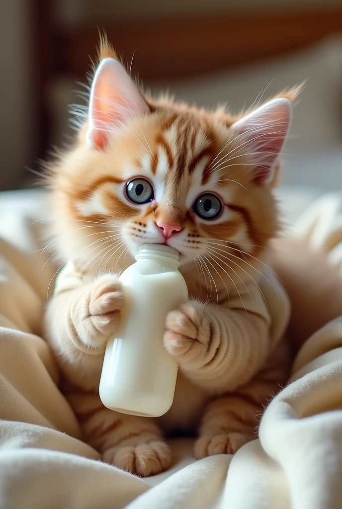 Cat wearing baby clothes lying on bed with milk in mouth looking at you holding her milk