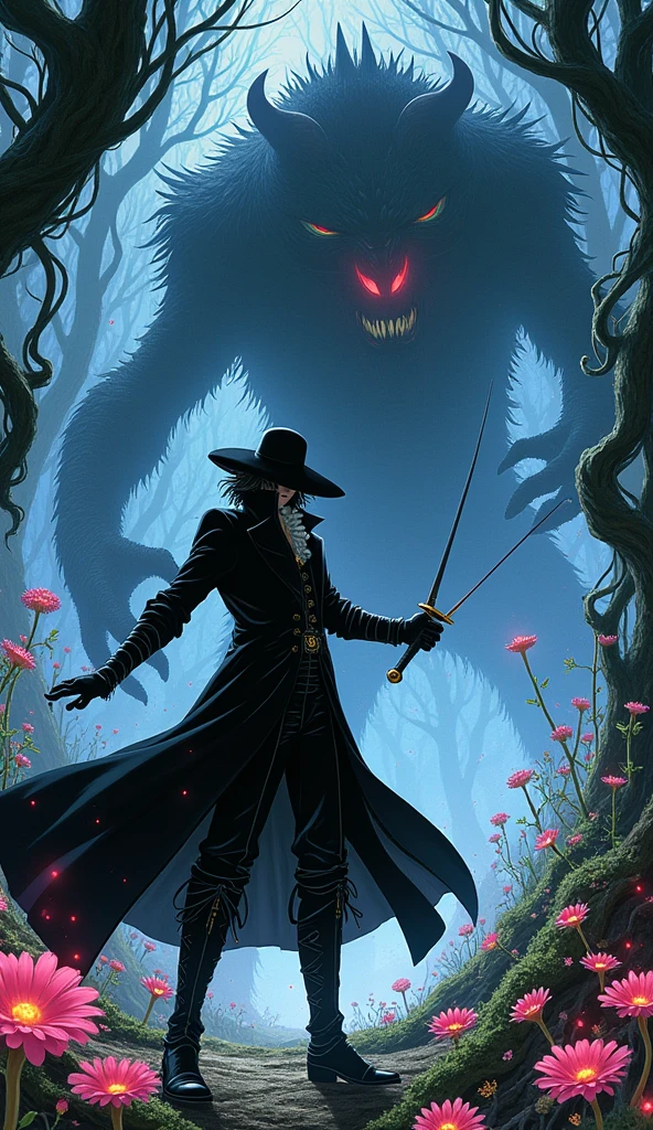 A full-body illustration in the style of Yoshitaka Amano. The character is D from "Vampire Hunter D," dressed entirely in black with a long black coat and a European aristocratic white shirt. His handsome features, fair skin, and black sun hat stand out as he engages in a fierce battle with a giant monster. D wields a thin, long sword, counterattacking while dodging the monster’s attacks. His intricately designed black boots enhance his mysterious presence.

The background is a magical forest, with ethereal light filtering through twisted trees, mystical plants, and glowing mushrooms. The trees have gnarled shapes, and vibrant flowers and glowing particles float in the air, filled with magical energy. The entire illustration is rendered in Yoshitaka Amano’s signature fantastical and delicate style.






