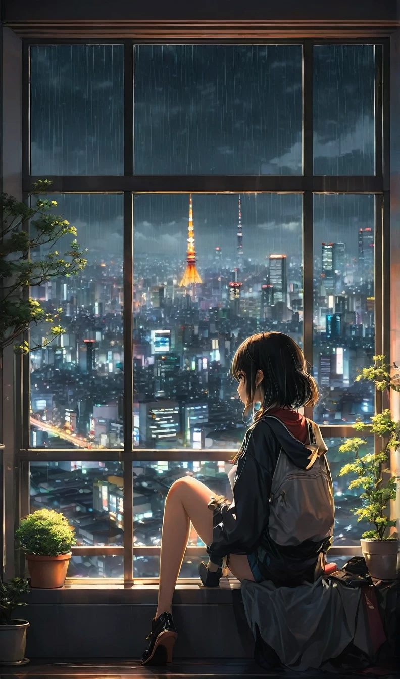 anime girl sitting on a window sill looking out at a city, 4k anime wallpaper, Rainy night view of Tokyo、. anime, anime art wallpaper 4k, anime art wallpaper 4 k, anime art wallpaper 8 k, anime wallpaper 4k, anime wallpaper 4 k, 4K Manga Wallpapers, anime background, anime style 4 k, beautiful anime scene, anime background art