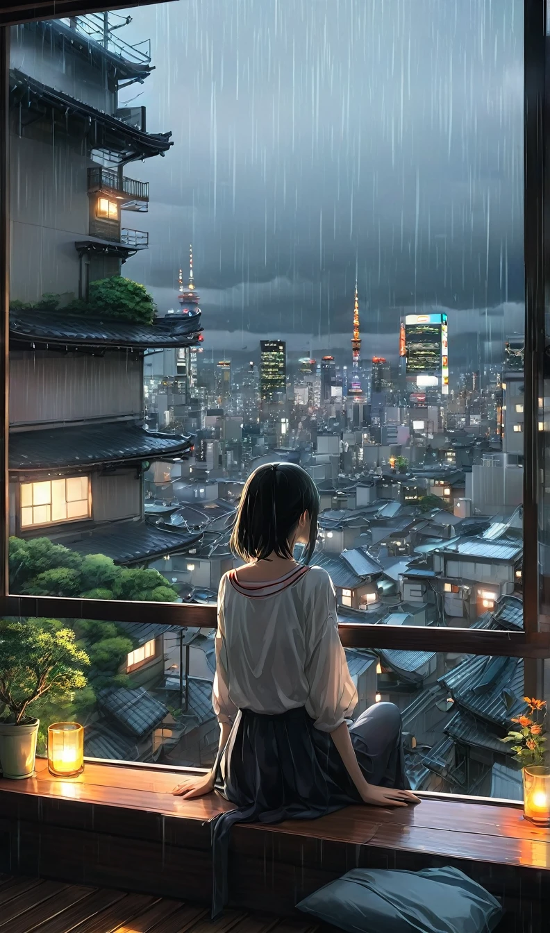 anime girl sitting on a window sill looking out at a city, 4k anime wallpaper, Rainy night view of Tokyo、. anime, anime art wallpaper 4k, anime art wallpaper 4 k, anime art wallpaper 8 k, anime wallpaper 4k, anime wallpaper 4 k, 4K Manga Wallpapers, anime background, anime style 4 k, beautiful anime scene, anime background art
