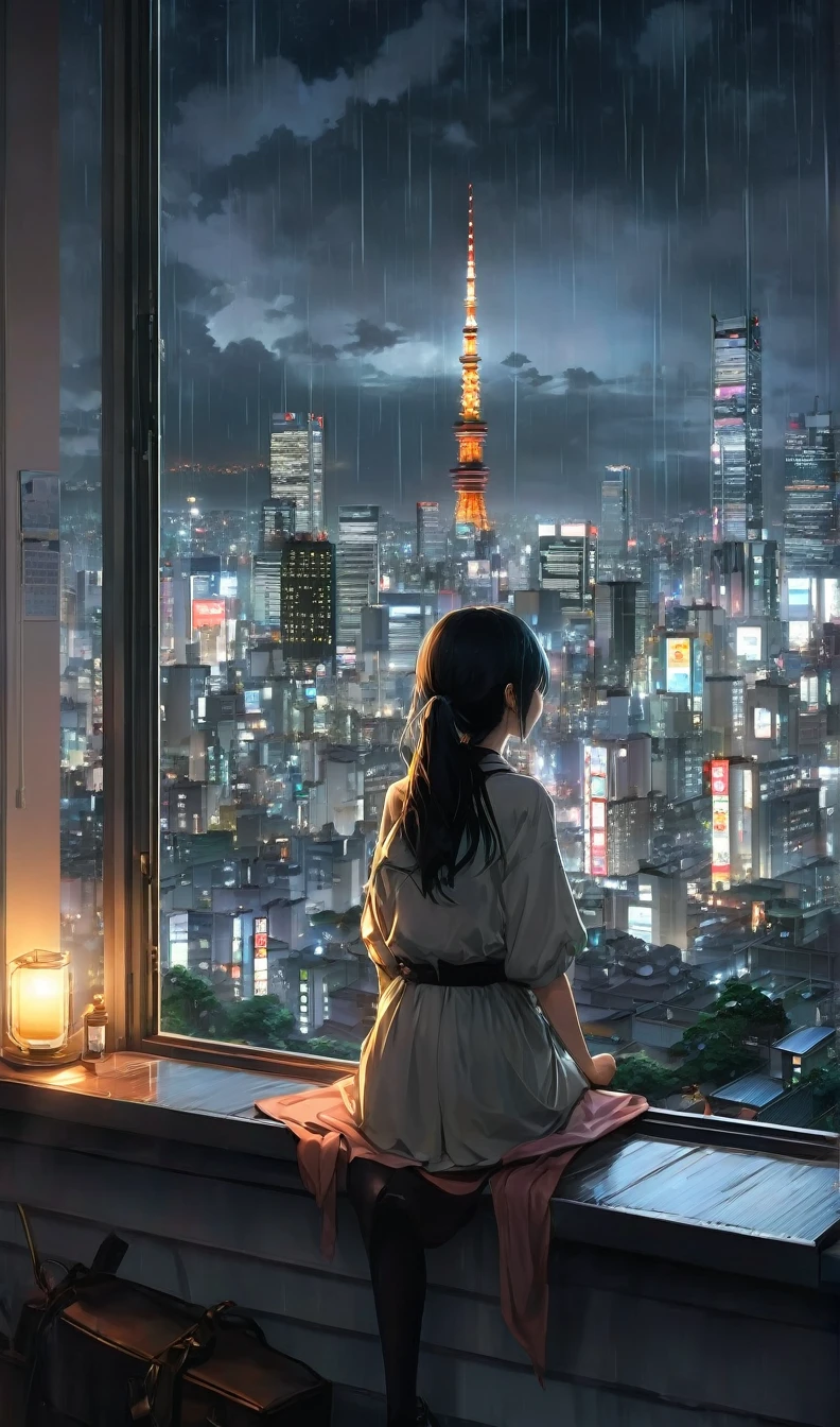 anime girl sitting on a window sill looking out at a city, 4k anime wallpaper, Rainy night view of Tokyo、. anime, anime art wallpaper 4k, anime art wallpaper 4 k, anime art wallpaper 8 k, anime wallpaper 4k, anime wallpaper 4 k, 4K Manga Wallpapers, anime background, anime style 4 k, beautiful anime scene, anime background art