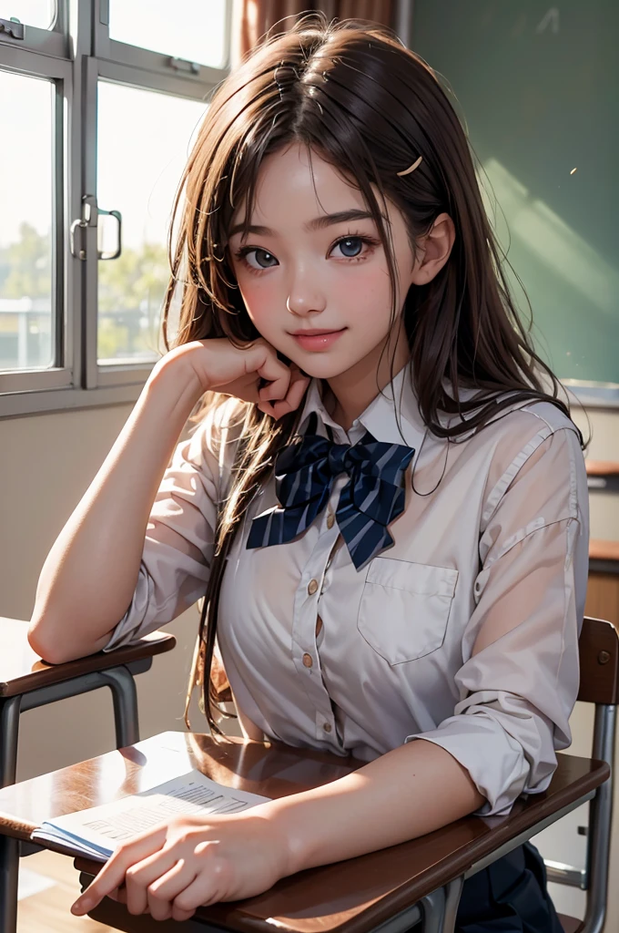 masterpiece, Highest quality, Movie stills, One Girl, high school girl, uniform, Baby Face, Gal, bright, Happy, fun, Detailed hands, Soft lighting, classroom