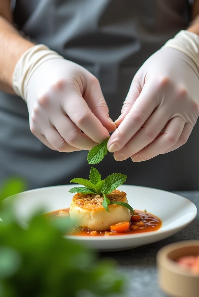 Glove hands garnishing mint on food
