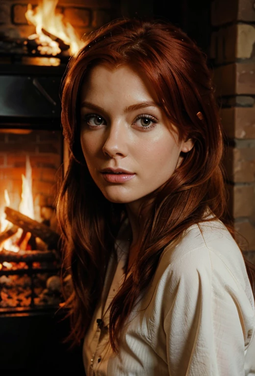 Redhead  by fireplace  in oil painting  detailed  beautiful 