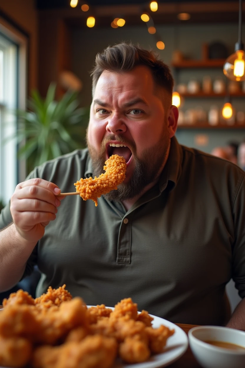A fat guy eating chicken fry