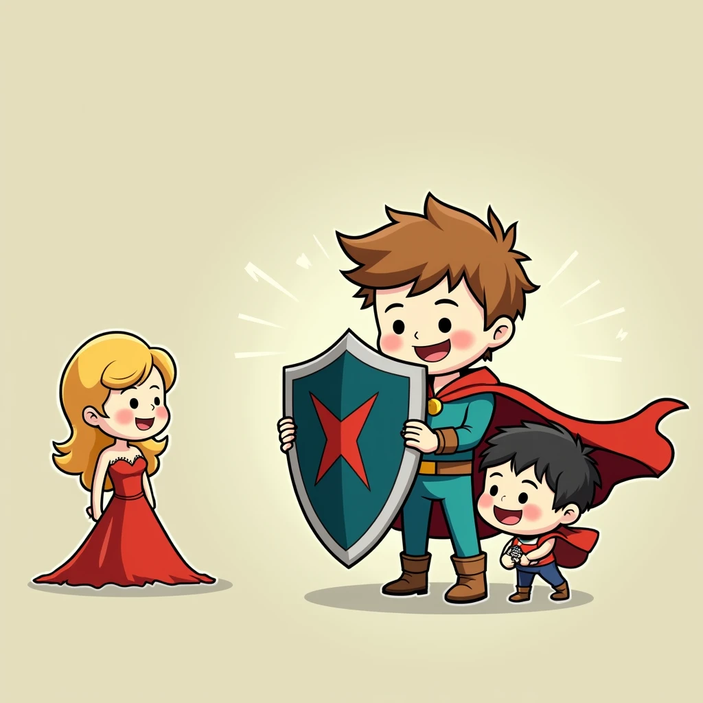 Two little kids boys holding a shield together,The shield blocks the sexy and cute woman on the left,doll,Simple comic style、Bright colors,