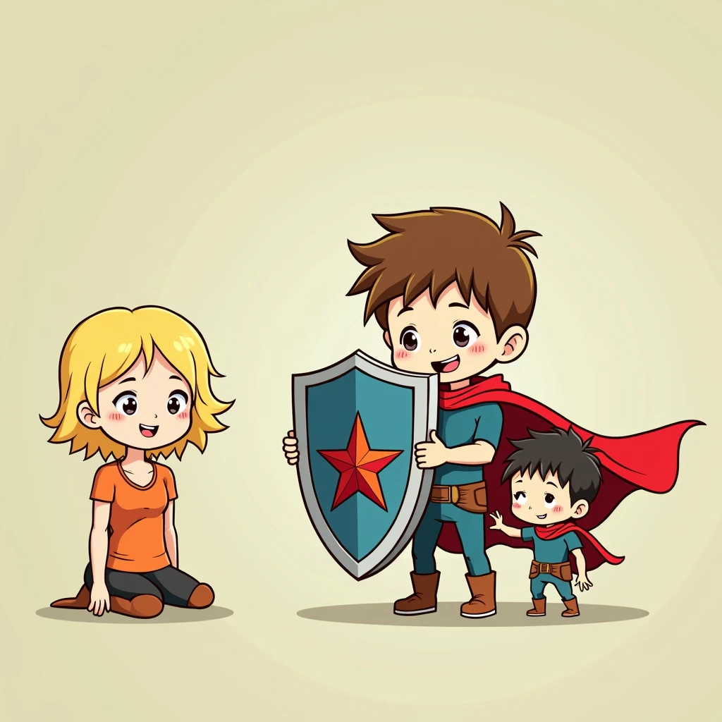 Two little kids boys holding a shield together，The shield blocks the sexy and cute woman on the left，doll，Simple comic style、Bright colors，