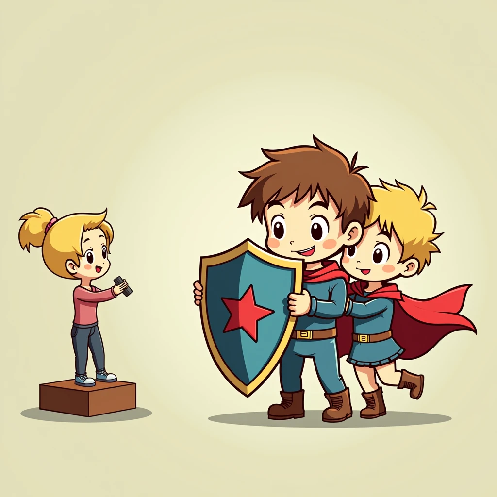 Two little boys holding a shield together,The shield blocks the sexy and cute woman on the left,doll,Simple comic style、Bright colors,