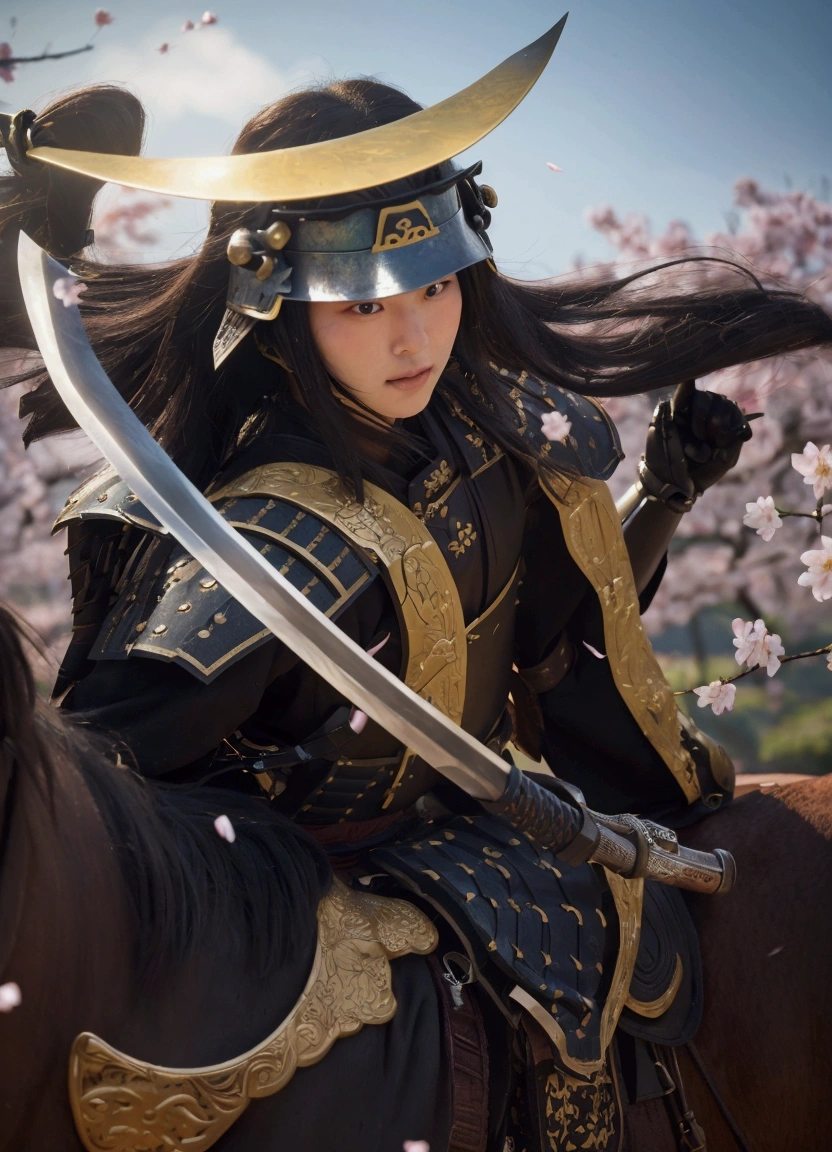 a potrait of a person on a horse with a sword, masamune date, japanese warrior, samurai warrior, A sprawling battlefield in the heart of springtime Japan, with delicate cherry blossoms in full bloom. The petals gently fall over a vast landscape, contrasting with the intense scene of battle. Traditional Japanese warriors, clad in ornate samurai armor, their katanas gleaming in the soft sunlight. Rolling hills in the distance are dotted with ancient temples and lush greenery, adding a touch of tranquility to the otherwise fierce and epic confrontation