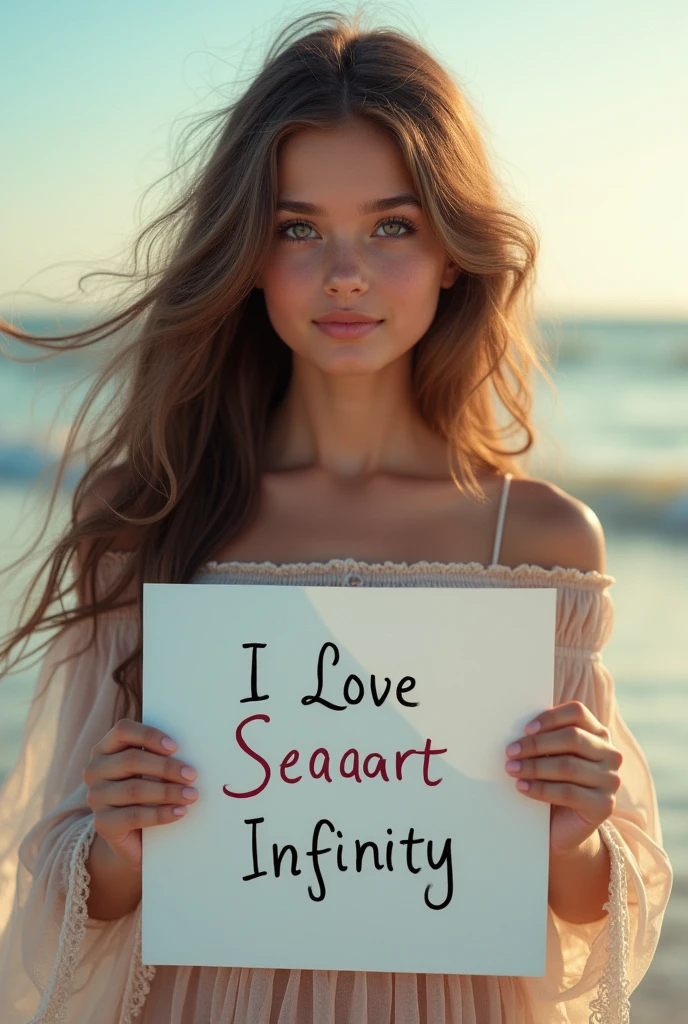 Beautiful girl with wavy long hair, bohemian dress, holding a white board with text "I Love Seaart Infinity" and showing it to the viewer