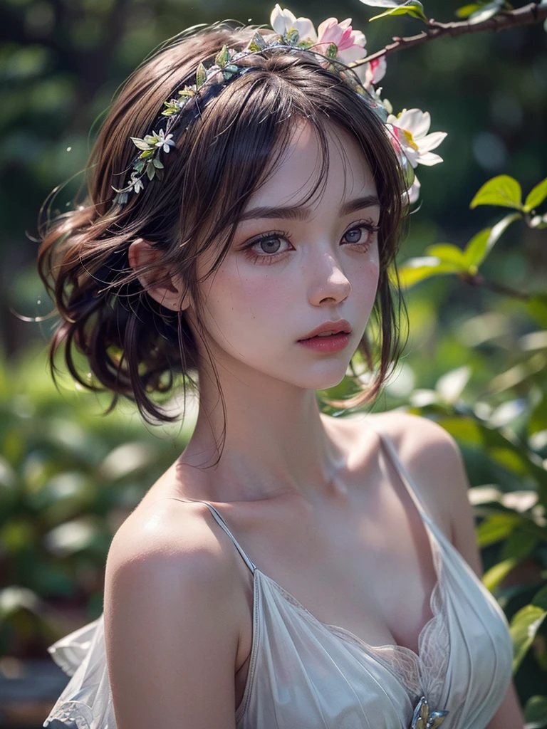 unparalleled masterpiece, ultra realistic 8k CG,masterpiece,pov,(delicate photograph,ultra_detailed,16k,raw photo:1.3),(realistic:1.9,photorealistic:1.9), beautiful detailed eyes,1girl, solo, alone,full body, tiny crown, flowers, leaf, butterfly, face focus, looking back,Silhouette,