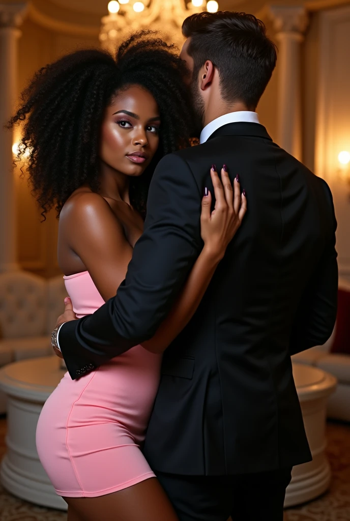 Very pretty black girl with wavy curly afro hair and blue eyes, Dressed in sexy pink gown. seductively hugging and grabbing the butt of a caucasian white man in black suit with his back facing the viewer. she is looking forward at the viewer seductively, Background of luxury mansion. Realistic photograph lifelike, cleavage, thigh, short skirt, sexy,