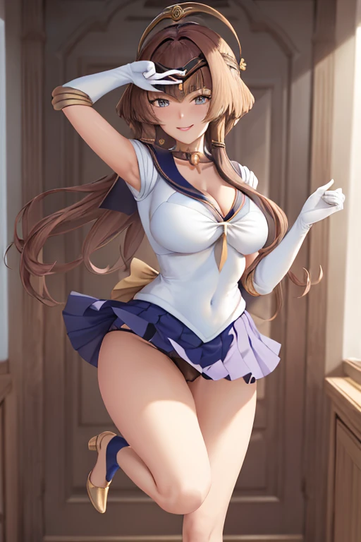 masterpiece, high definition, best quality, rendered art, well formed hands, fingers and body, 1 woman, solo, Candace , 31 years old, adult, grown up, wearing Sailor Moon's outfit, big breasted, cleavage, full body, sexy sailor senshi uniform, short blue skirt, red boots, gorgeous hips, bare legs and thighs, white elbow gloves, sailor collar, tiara, earrings, dancing seductively and erotically, shaking her body, showing her back and front, wind lifting skirt, panties peek, smiling joyfully and brightly, looking at the viewer, flirting, beach environment