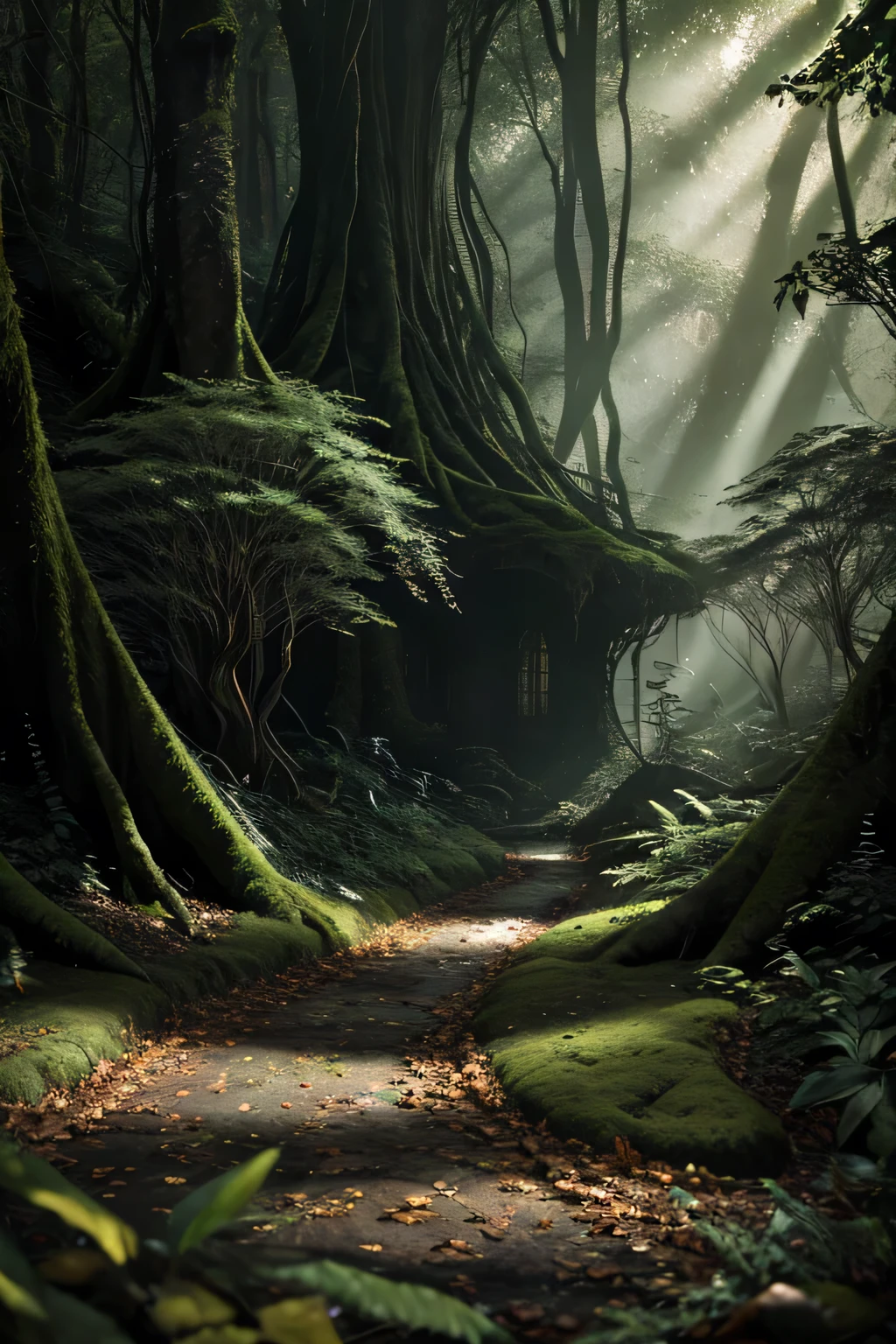 a dark, lush forest, overgrown with towering trees, dense foliage, shafts of light piercing through the canopy, gnarled roots, fallen leaves, moss-covered rocks, a sense of mystery and enchantment, detailed illustration, cinematic lighting, deep green tones, photorealistic, 8k, dramatic shadows and highlights, old growth forest, dense vegetation, serene and atmospheric, studio lighting, intricate textures, ultra-detailed, masterpiece