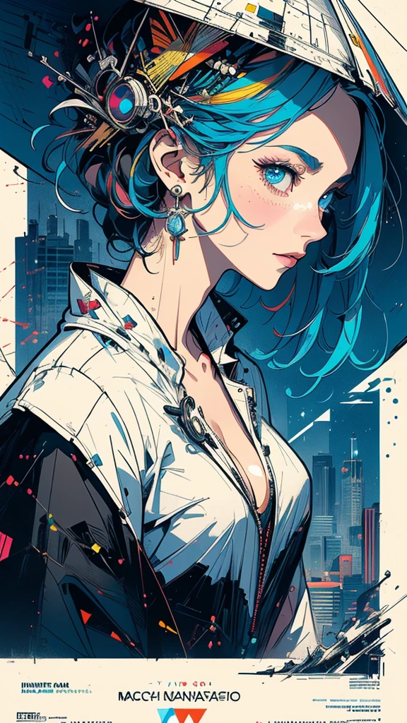 (((masterpiece, highest quality))),(((solo:1.2))),(((1girl:1.2))),32k wallpaper, very detailed, poster, vintage science fiction,(((((geometric cinematic movie poster))))), (bauhaus), shape,(((abstract))),(mid century modern),movie poster,(((((portfolio))))),(((((Close-up))))),(((((bust up))))),((((more various angle)))),(((highlight))),Vast landscape,((((heterochromia)))),(((complete. detailed face))),(((Extremely talented))),(((most complecated machine))),Colorful color scheme,(Cleavage)