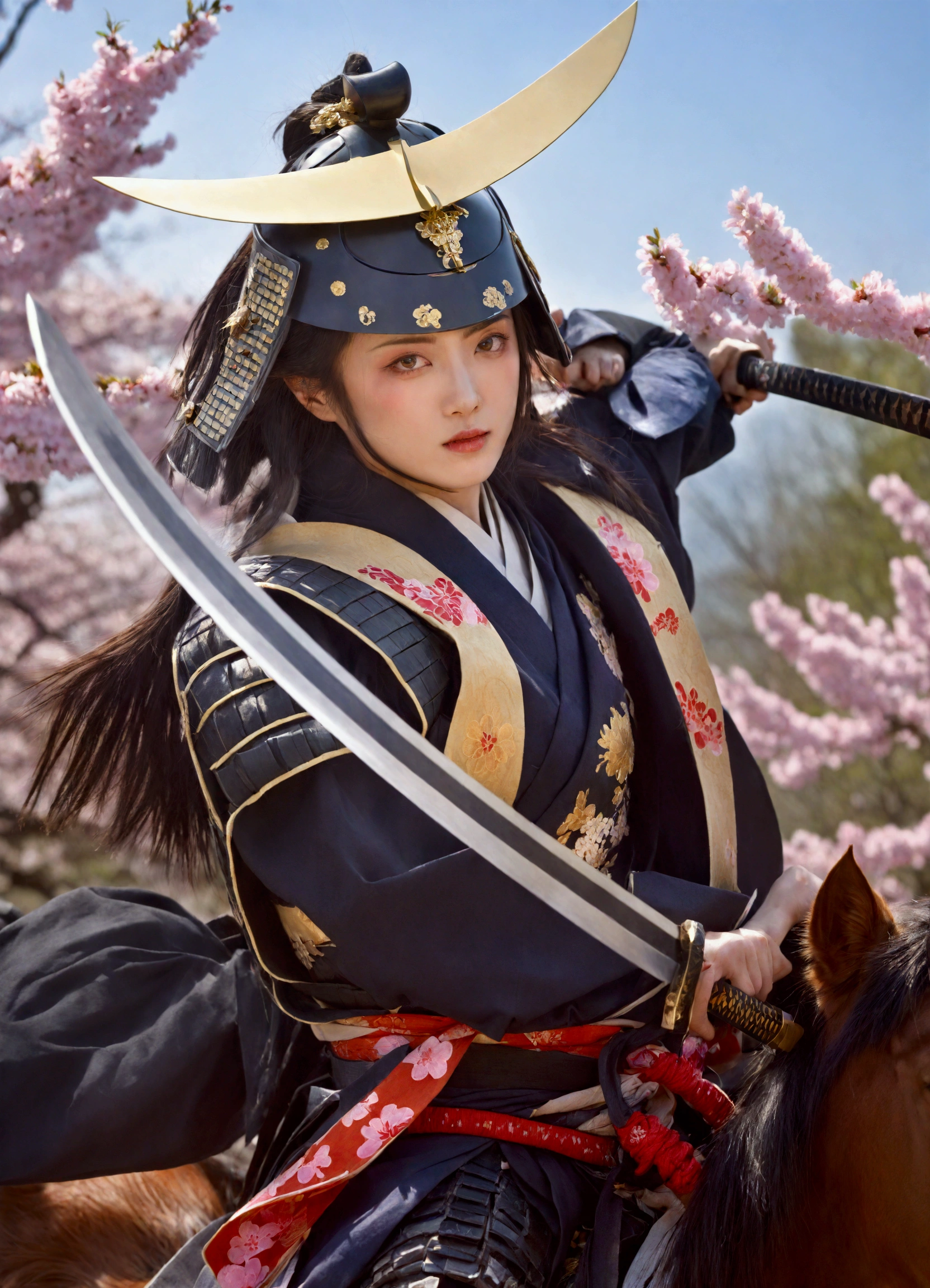 a potrait of a person on a horse with a sword, masamune date, japanese warrior, samurai warrior, A sprawling battlefield in the heart of springtime Japan, with delicate cherry blossoms in full bloom. The petals gently fall over a vast landscape, contrasting with the intense scene of battle. Traditional Japanese warriors, clad in ornate samurai armor, their katanas gleaming in the soft sunlight. Rolling hills in the distance are dotted with ancient temples and lush greenery, adding a touch of tranquility to the otherwise fierce and epic confrontation