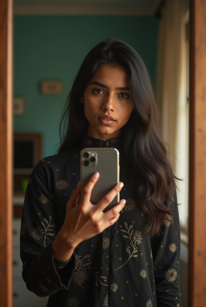 A girl who is not in this world but she takes mirror selfie with her mobile at home and she is an Indian girl she is  with one hand mobaile mirror selfie  this is perfect but face is unique  normal bulk full body 
