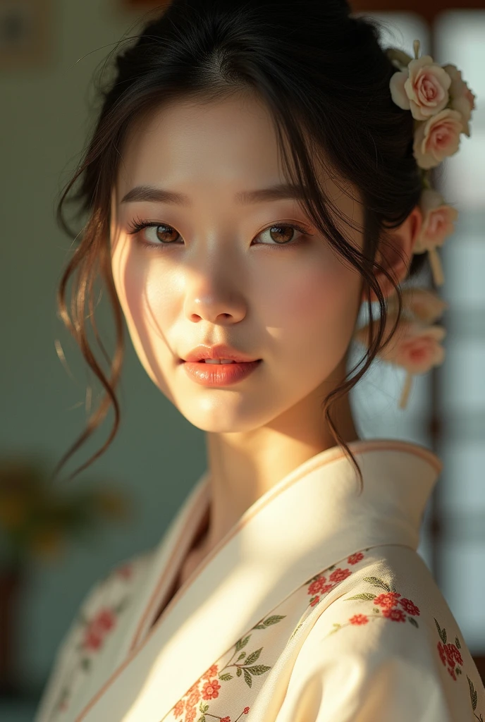 A Japanese woman elegantly dressed under natural lighting, with a close-up capturing both her breasts and her serene facial expression, showing her inner peace and outward charm.