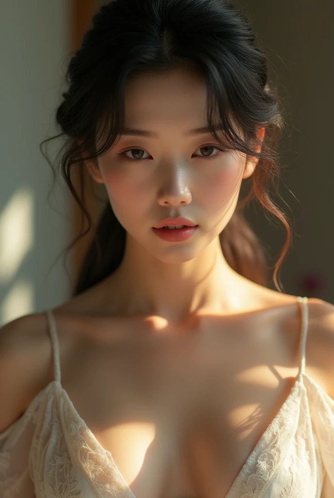 A Japanese woman elegantly dressed under natural lighting, with a close-up capturing both her and her serene facial expression, showing her inner peace and outward charm.