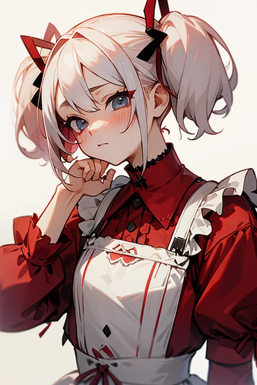 Short white hair, blush, Lace dress、Punk Fashion、Headbang 2.、Red clothes、Twin tails.(Jason Musk).