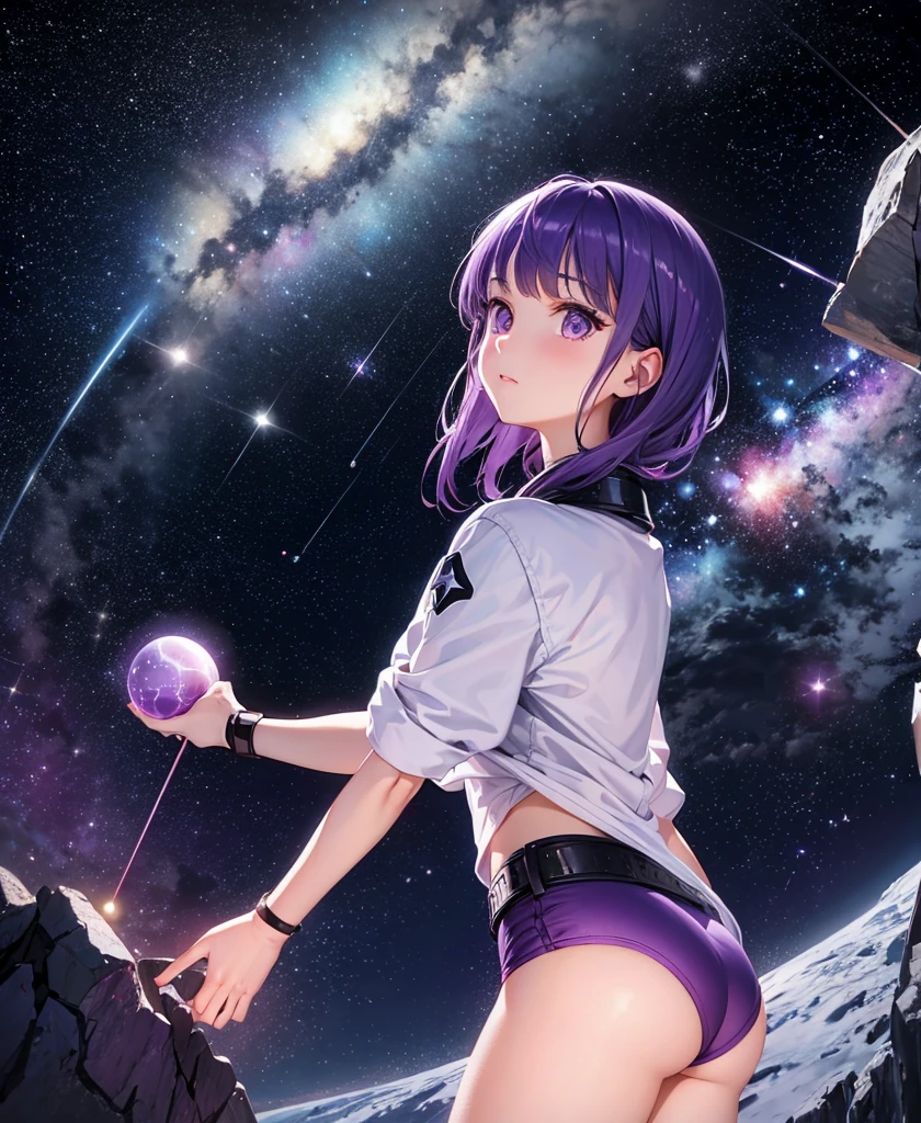 Purple girl on an alien planet between the North Star and the Big Dipper