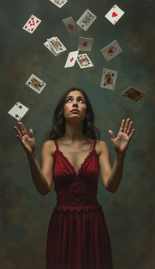 realistic photo, detailed photo, (one young woman throw all cards to the air because she is lost everything in game, sad and hopeless )