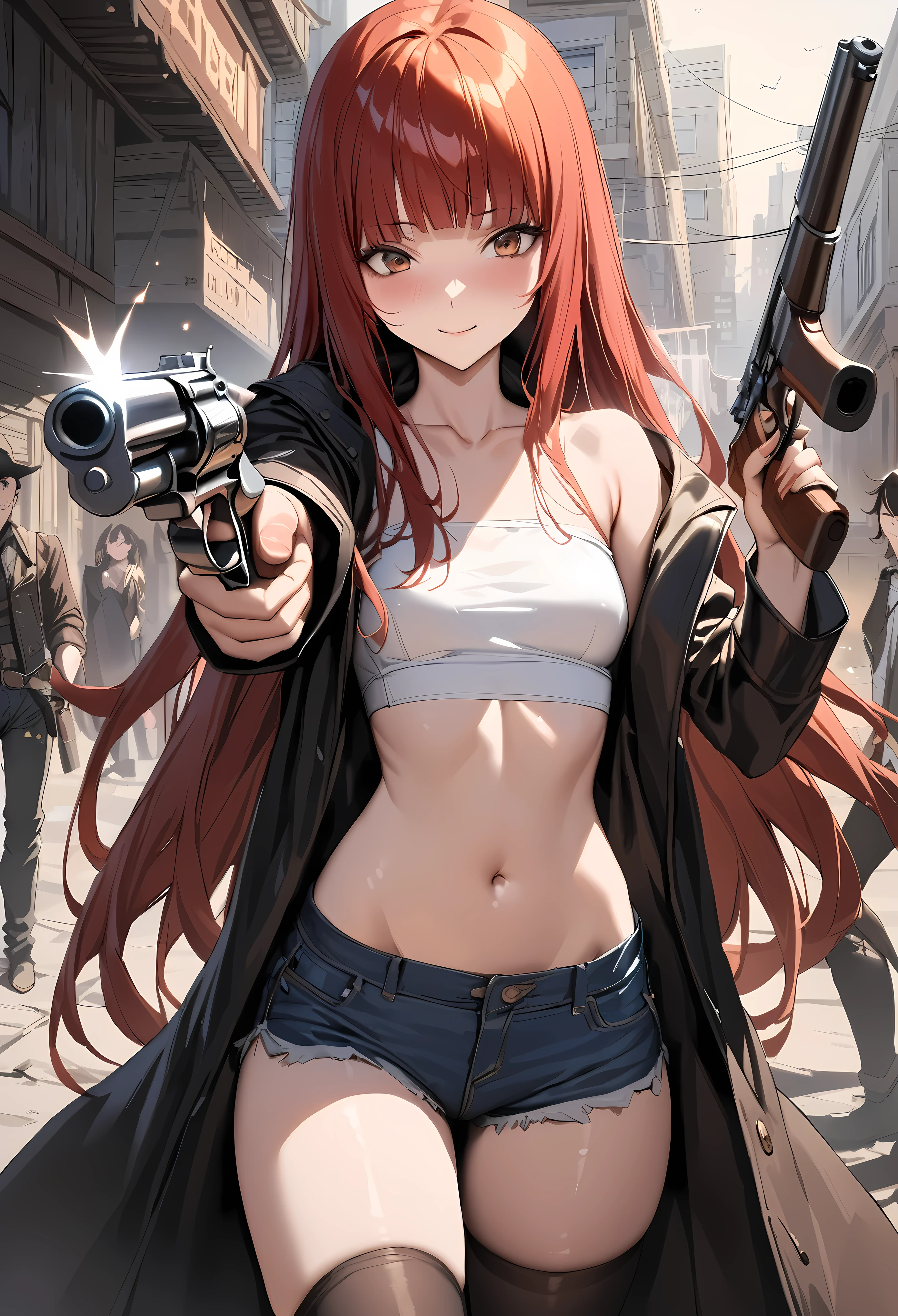Gun action scene、A woman confronting a villain、((masterpiece,best quality anime,Highest quality:1.3)),realistic,cowboy shot,(25 year old beauty), gunslinger ,1woman,solo,((very small head:1.4)),((very long body:1.3)),red hair,bangs,straight long hair,gorgeous big eyes,brown eyes,A strong smile、(Black long coat),Wearing a white tube top shirt under the coat,navel、(denim micro shorts、black_thighhighs),((slender body:1.3,skinny)),small breasts,(Shoot a gun:1.3,Firing stance),gleaming skin,shiny skin,Holding a gun in hand,revolver、Western cityscape、The World of Westerns、