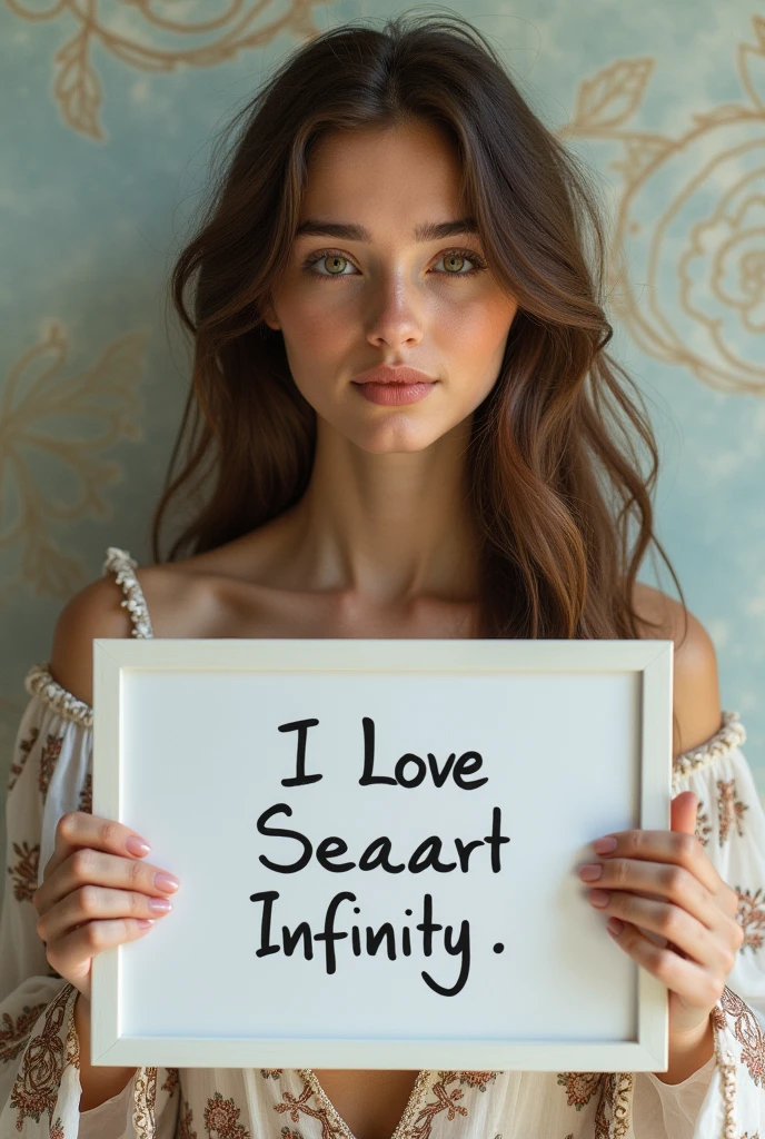 Beautiful girl with wavy long hair, bohemian dress, holding a white board with text "I Love Seaart Infinity" and showing it to the viewer