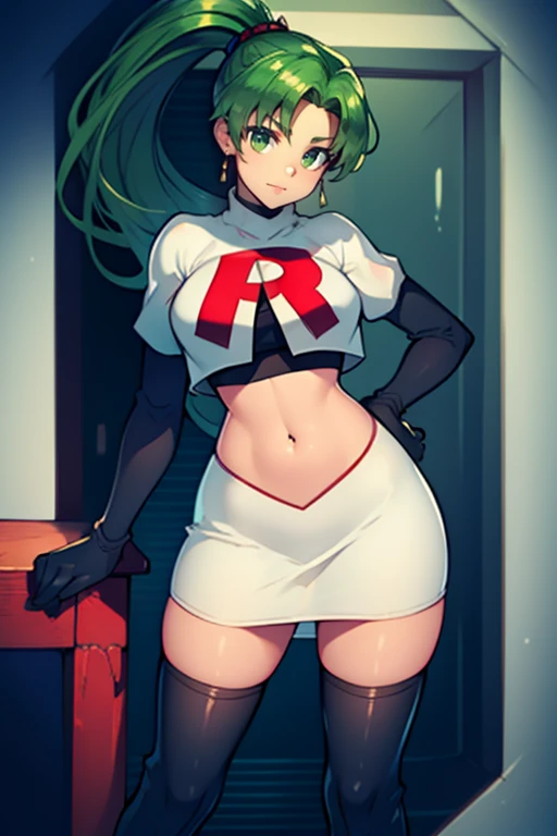 lyn, ponytail, green eyes, green hair ,team rocket uniform, red letter R, white skirt,white crop top,black thigh-high boots, black elbow gloves, evil smile, looking at viewer, cowboy shot, 