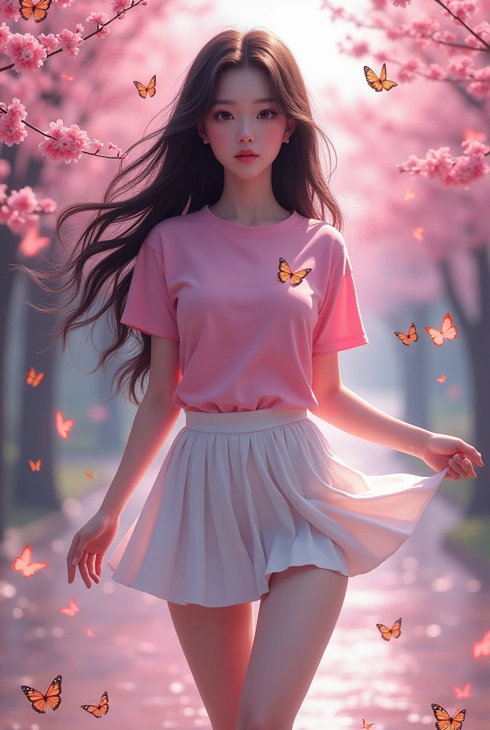 JK Set,Pink T-shirt,White pleated skirt,((Realistic Characters,Campus style, Asian beauty model)), Butterfly发饰,Beautiful dance dynamics, Long legs , Calf((Flowing long hair))Official Art , Unity8k Wallpaper , Extremely detailed , Visible cleavage, Pretty and beautiful , Sexy long legs, masterpiece , best quality ,Practical, Very detailed illustrations ,Extremely detailed , Intricate details , Extremely complex and detailed , Very detailed 8KCG wallpaper , Caustics .reflection , Ray Tracing , Devil Theme ,nebula ,Dark aura, Network Effects , (1 Girl)Solitary , 小蓝Butterfly , Dozens of monarch butterflies around , (Blue plasma flame , (insect , Butterfly)) 圣光Butterfly天使 , Butterfly翅膀 , Pastel tones in Rococo style ,Light white and light dark red , Incredibly beautiful , Cherry blossoms , Surrealism ,painting , Ethereal , Mixing reality and fantasy elements ,Ray Tracing , Complex patterns , Delicate lines , Perfect your hands, Starry Sky , rich and colorful , Star