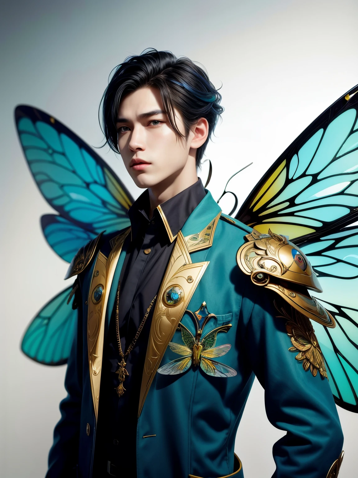 (high quality), (masterpiece), (detailed), 8K, Hyper-realistic illustration of (Japanese boy1.2) with striking (dragonfly-inspired attire1.3) adorning his upper body. (Intricate armor1.2) with iridescent (dragonfly wings1.3) attached to his shoulders, shimmering in (soft, ethereal light1.2). (Vibrant, electric blue1.2) accents on his (sleek, high-collared jacket1.2) complement his (piercing, expressive eyes1.3). Trending on Artstation.